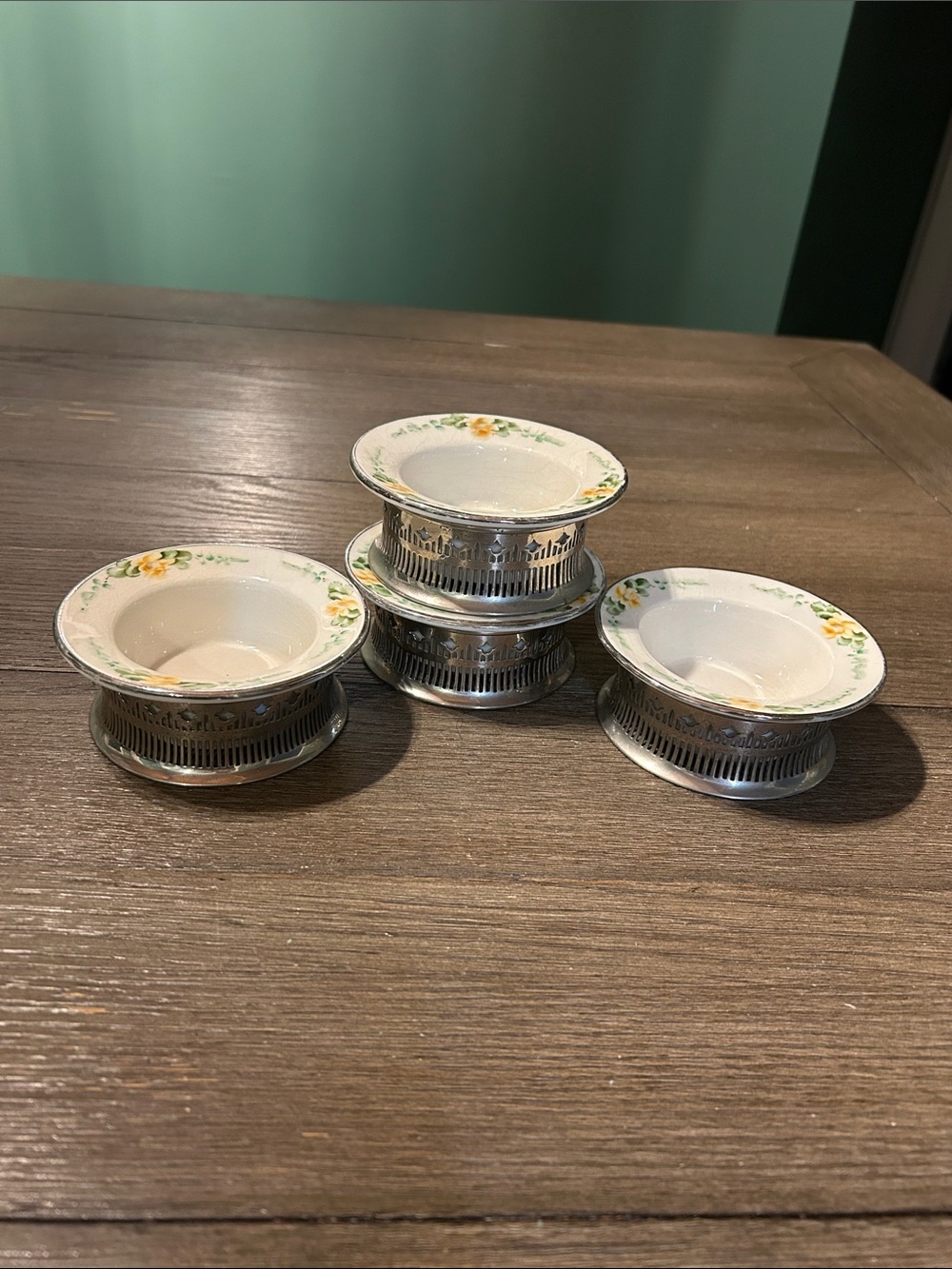 Classy Vintage dessert ramekins in punched metal holders hand painted design 4